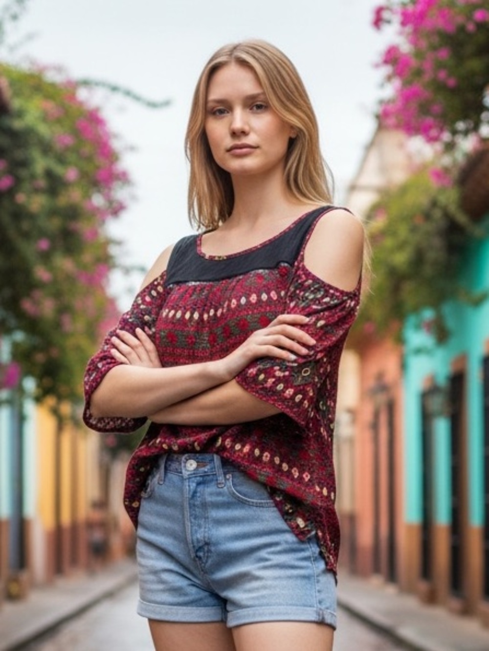 Suzanne Betro/ Weekend Cold-Shoulder Boho Print Women's Top in Burgundy